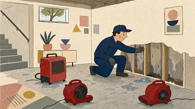 An illustration of a technician drying a wet basement wall