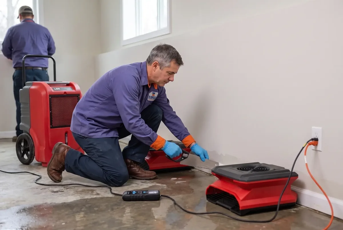 Technician checking the base of a wall with a moisture meter beside a dehumidifier